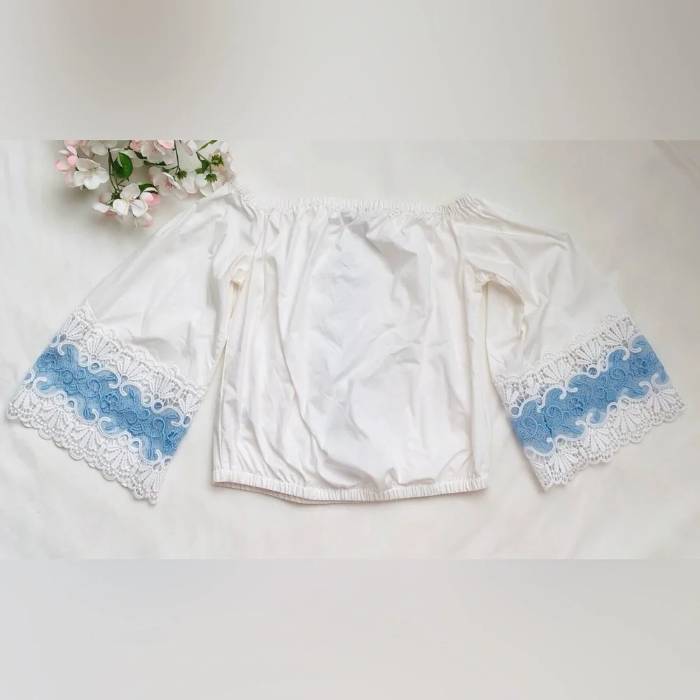 White Off-Shoulder Crop Top with Blue Lace Trim • Express Size XS - Picture 7 of 11